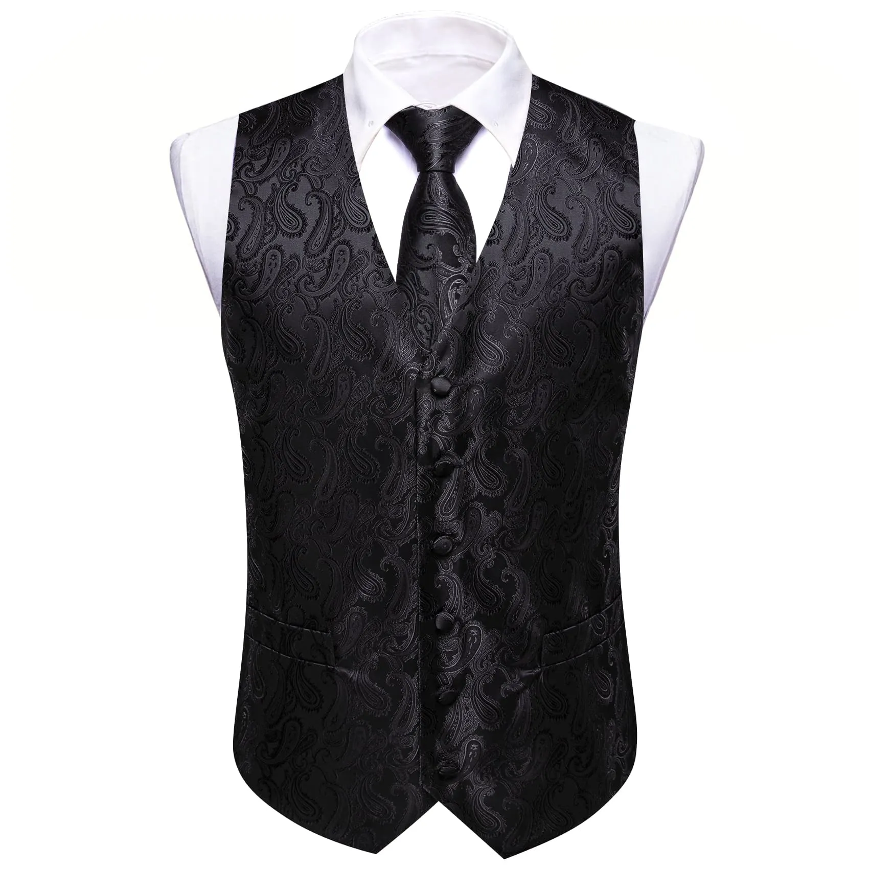 Ties2you Mens Vest Top Classic Black Paisley Silk Dress Vest Tie Pocket Square Cufflinks Set