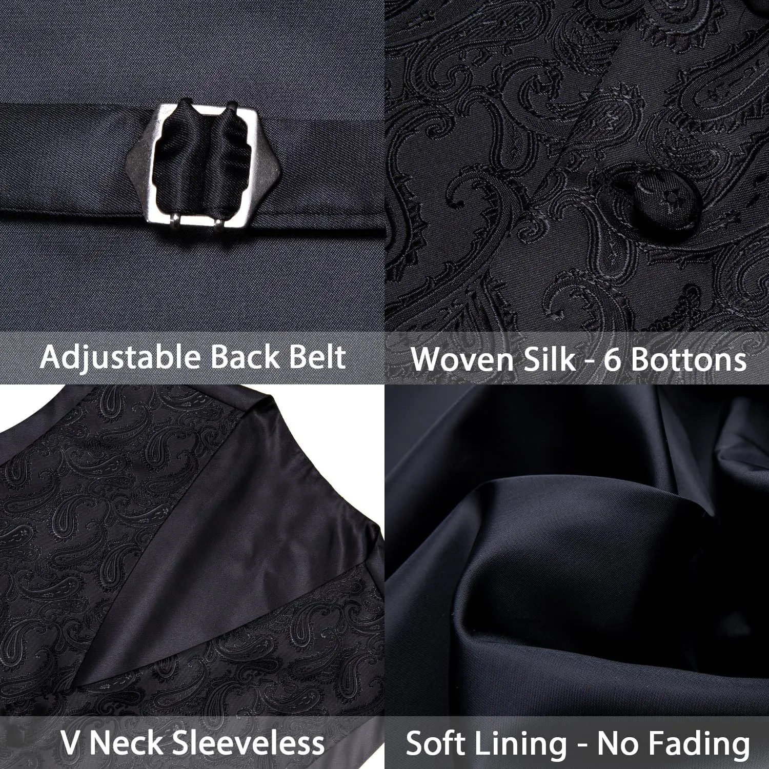 Ties2you Mens Vest Top Classic Black Paisley Silk Dress Vest Tie Pocket Square Cufflinks Set