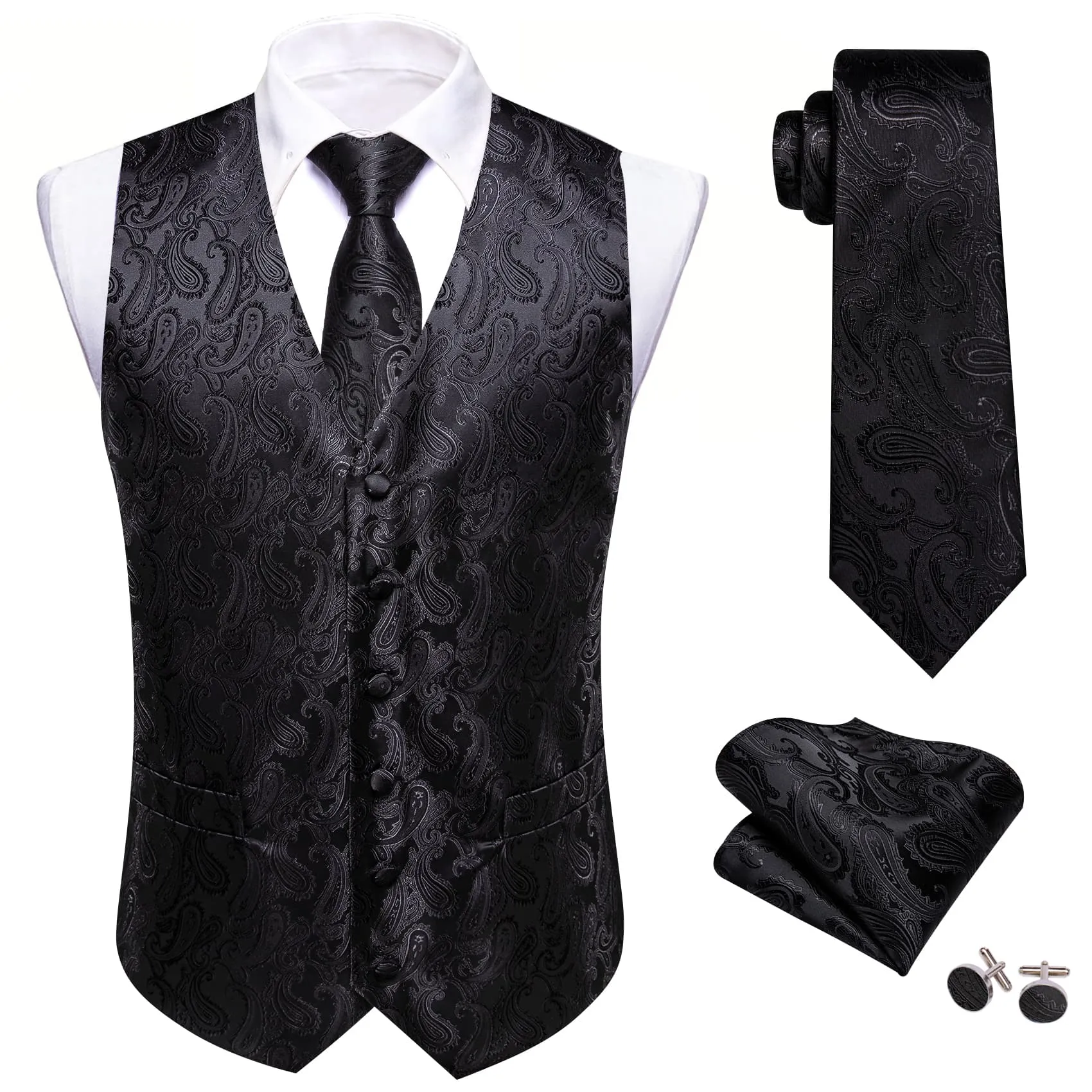 Ties2you Mens Vest Top Classic Black Paisley Silk Dress Vest Tie Pocket Square Cufflinks Set
