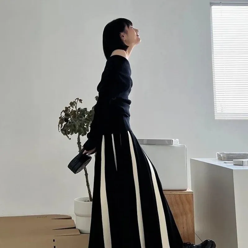 Toleet-Fashion Striped Mixed Color Long Skirt Women High Waist Elegant Woman Pleated Skirt Spring Knitted Faldas Largas Mujer