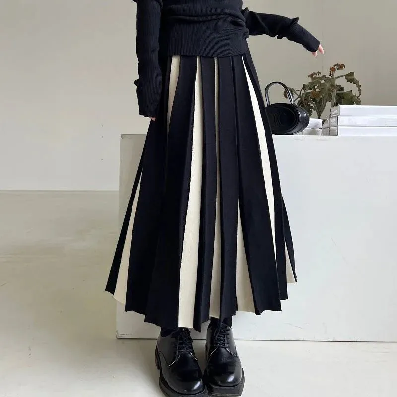 Toleet-Fashion Striped Mixed Color Long Skirt Women High Waist Elegant Woman Pleated Skirt Spring Knitted Faldas Largas Mujer
