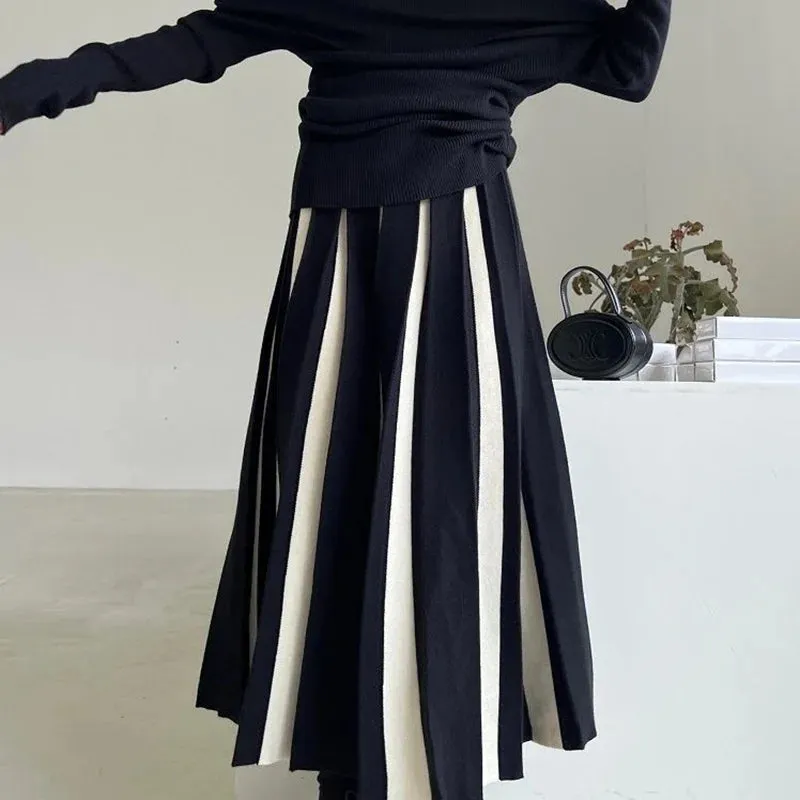 Toleet-Fashion Striped Mixed Color Long Skirt Women High Waist Elegant Woman Pleated Skirt Spring Knitted Faldas Largas Mujer