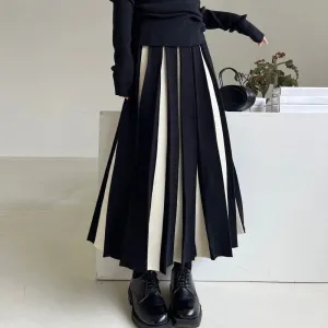 Toleet-Fashion Striped Mixed Color Long Skirt Women High Waist Elegant Woman Pleated Skirt Spring Knitted Faldas Largas Mujer