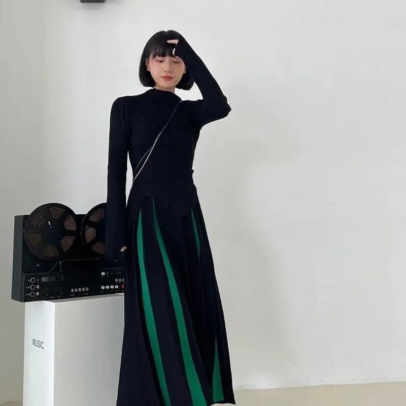 Toleet-Fashion Striped Mixed Color Long Skirt Women High Waist Elegant Woman Pleated Skirt Spring Knitted Faldas Largas Mujer