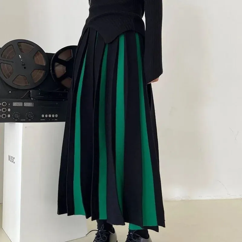 Toleet-Fashion Striped Mixed Color Long Skirt Women High Waist Elegant Woman Pleated Skirt Spring Knitted Faldas Largas Mujer