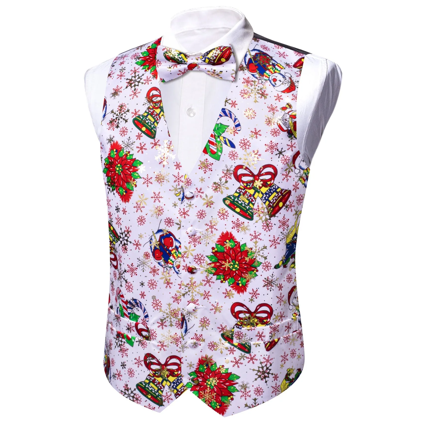 White Green Christmas Vest Bowtie Hanky Cufflinks Set Waistcoat Suit Set