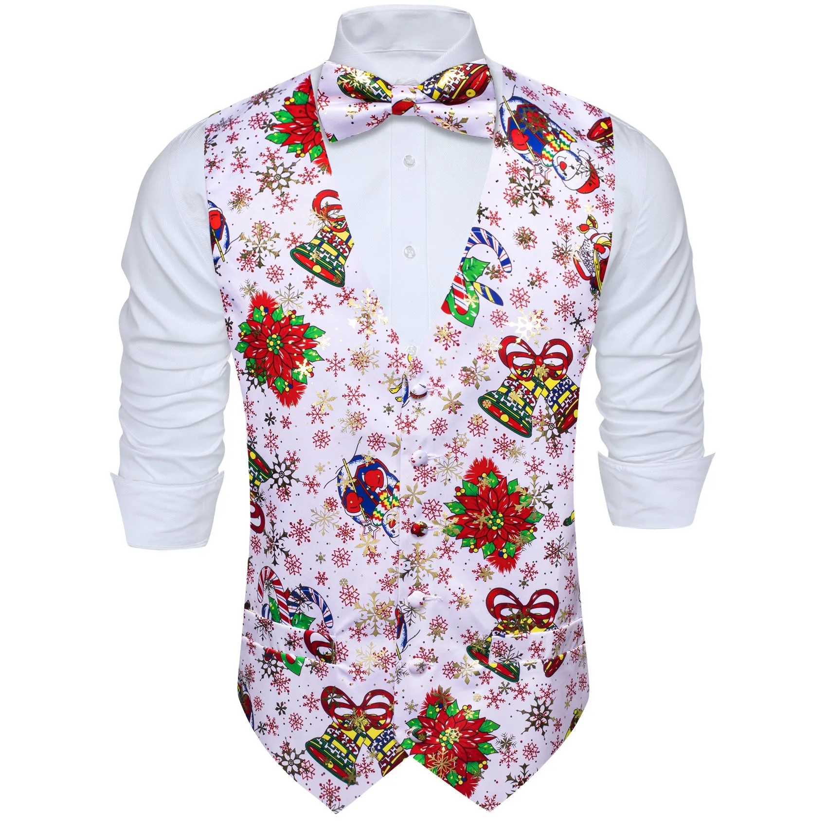 White Green Christmas Vest Bowtie Hanky Cufflinks Set Waistcoat Suit Set