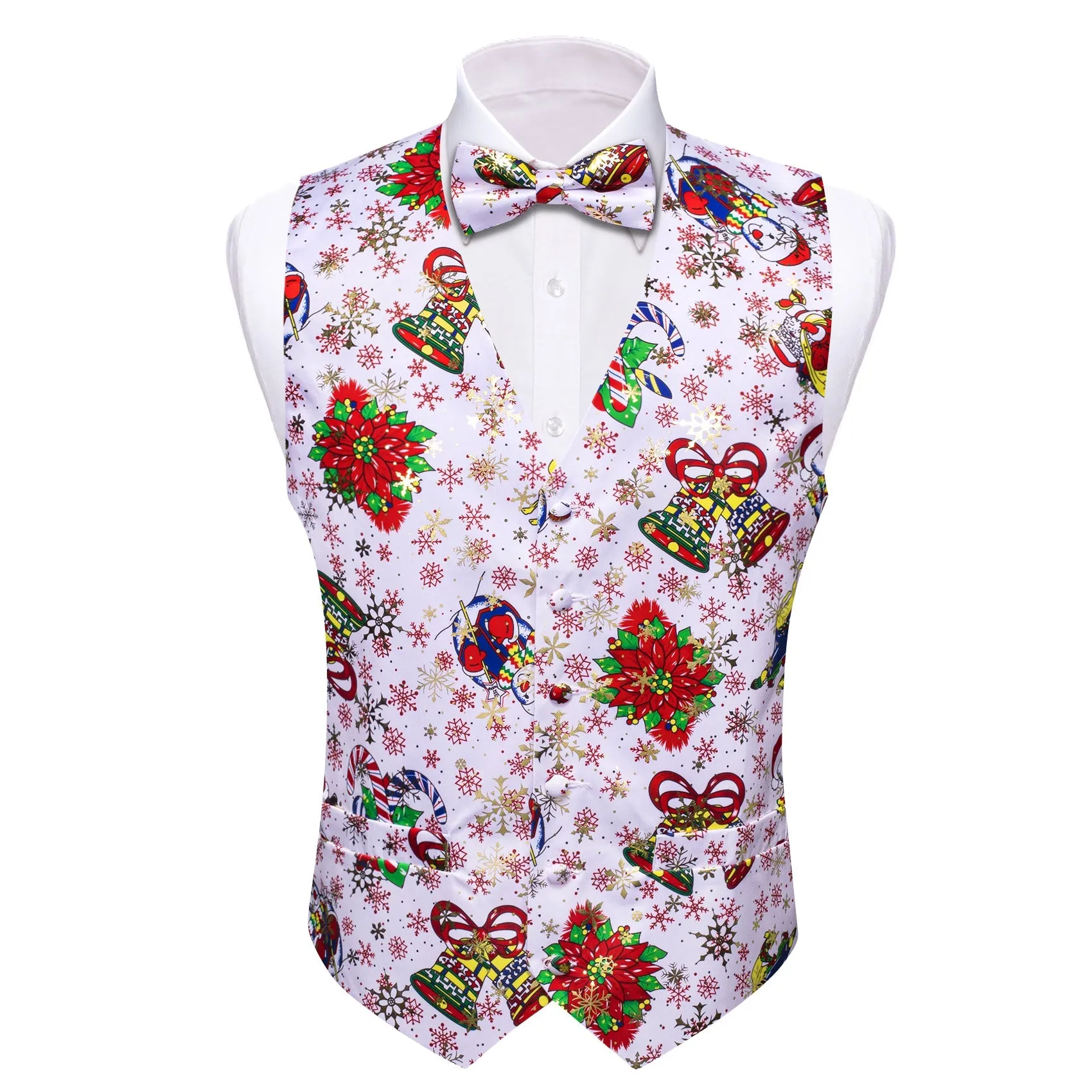 White Green Christmas Vest Bowtie Hanky Cufflinks Set Waistcoat Suit Set