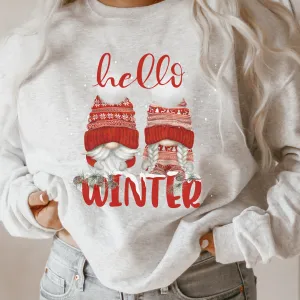 Women's Christmas Unisex-Size Crewneck Sweatshirt Hello Winter Watercolor Gnomes in Ash, Sand, White or Navy