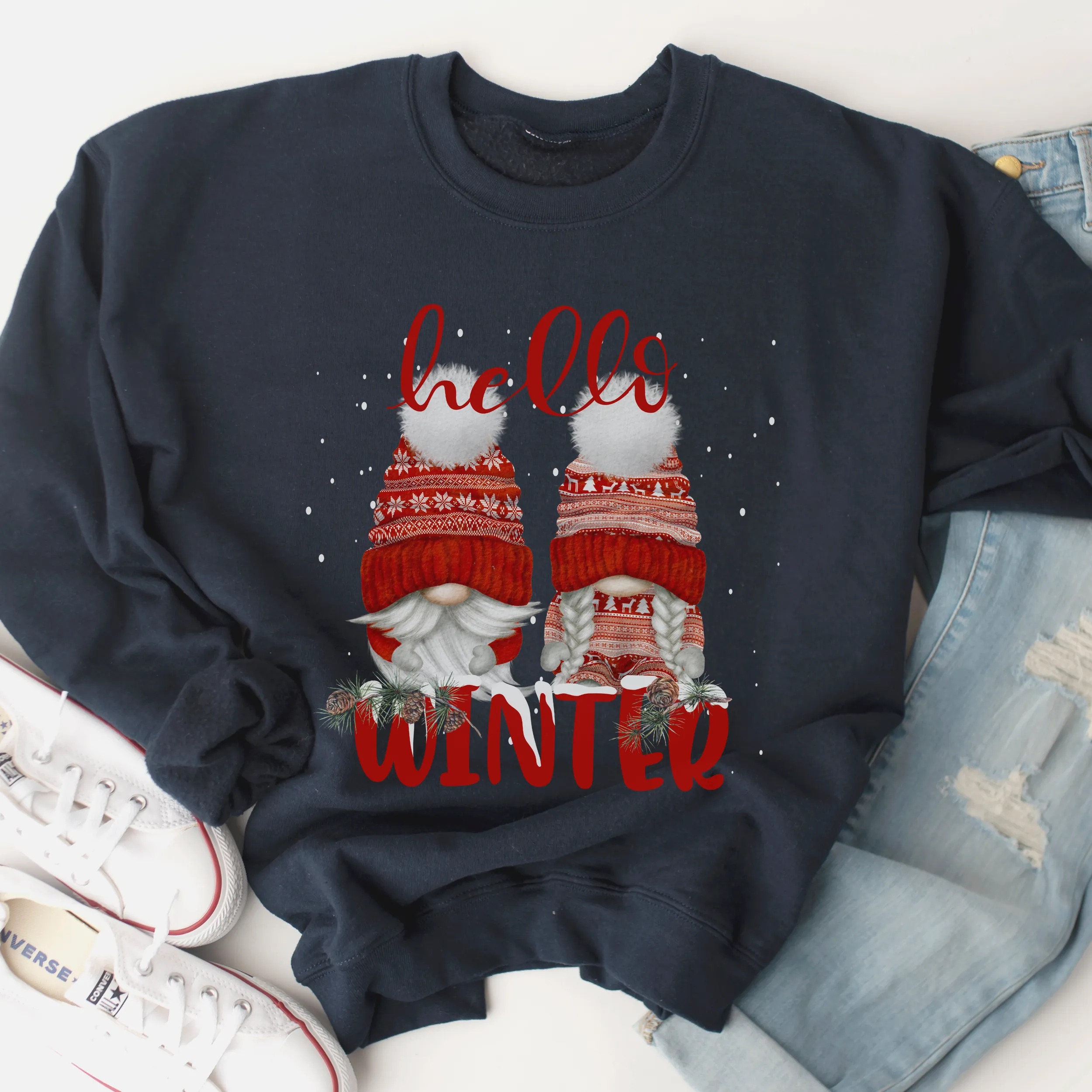 Women's Christmas Unisex-Size Crewneck Sweatshirt Hello Winter Watercolor Gnomes in Ash, Sand, White or Navy
