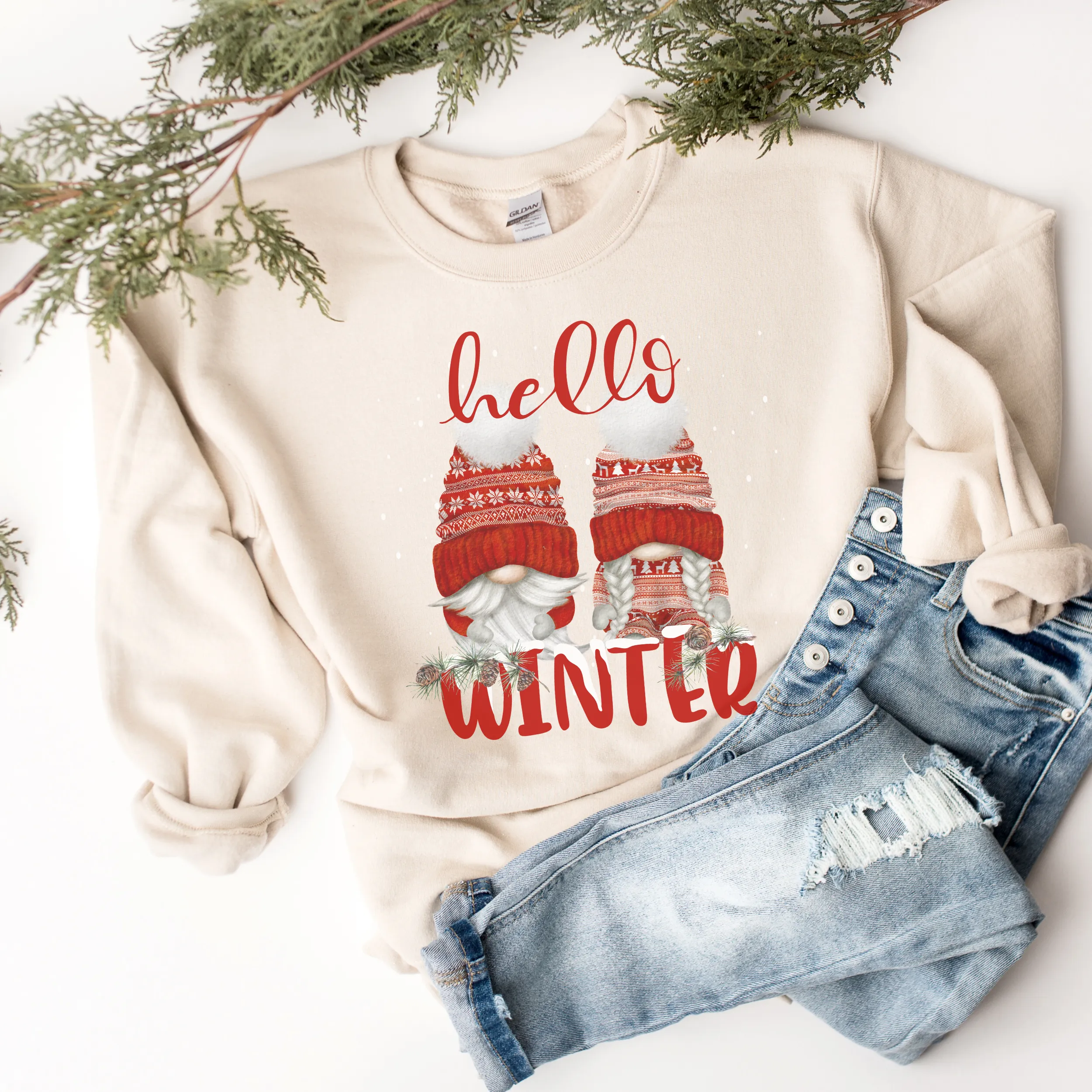 Women's Christmas Unisex-Size Crewneck Sweatshirt Hello Winter Watercolor Gnomes in Ash, Sand, White or Navy